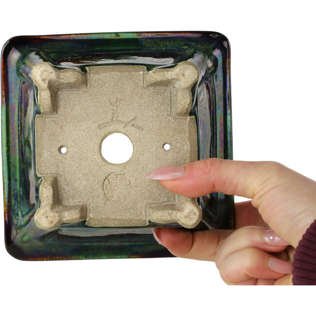 Square green multicolor bonsai pot by Terahata Satomi Mazan - 133 x 133 x 80 mm