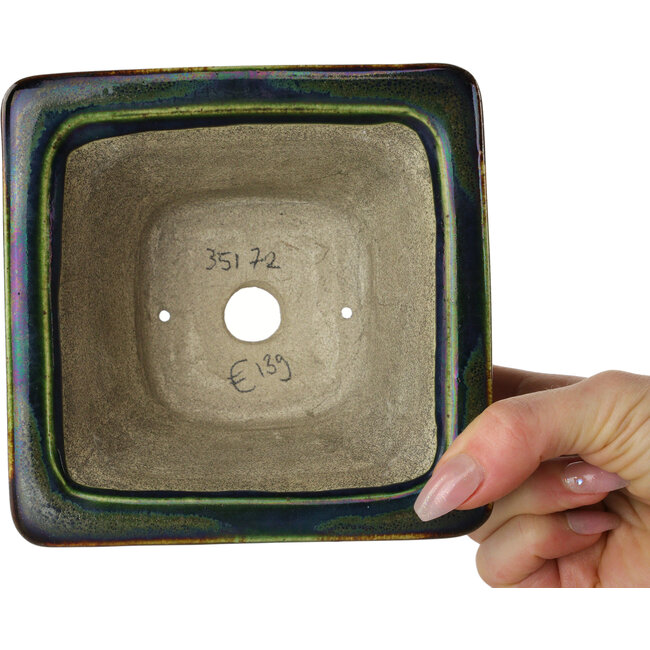 Vaso bonsai quadrato verde multicolore di Terahata Satomi Mazan - 133 x 133 x 80 mm