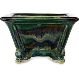  Satomi Mazan, Mazan Terahata Pot à bonsaï multicolore vert carré de 133 mm par Terahata Satomi Mazan, Tokoname, Japon