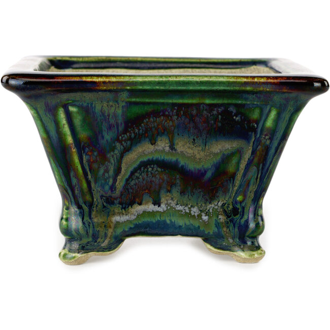 Square green multicolor bonsai pot by Terahata Satomi Mazan - 133 x 133 x 80 mm