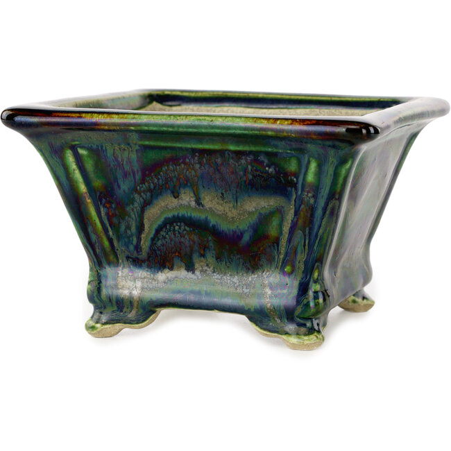 Vierkante groene veelkleurige bonsaipot van Terahata Satomi Mazan - 133 x 133 x 80 mm
