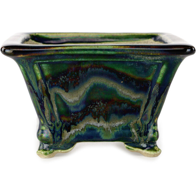 Maceta cuadrada para bonsái multicolor verde de Terahata Satomi Mazan - 133 x 133 x 80 mm