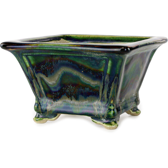 Pot à bonsaï carré vert multicolore par Terahata Satomi Mazan - 133 x 133 x 80 mm