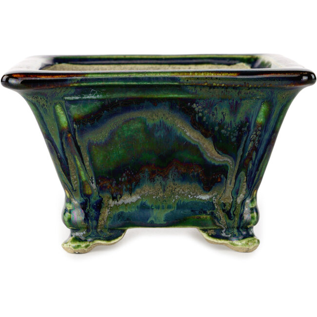 Maceta cuadrada para bonsái multicolor verde de Terahata Satomi Mazan - 133 x 133 x 80 mm