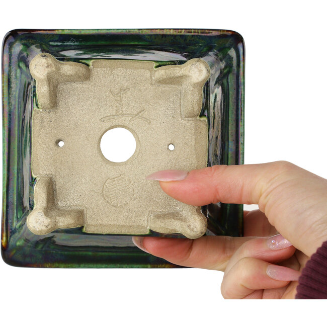 Square green multicolor bonsai pot by Terahata Satomi Mazan - 133 x 133 x 80 mm