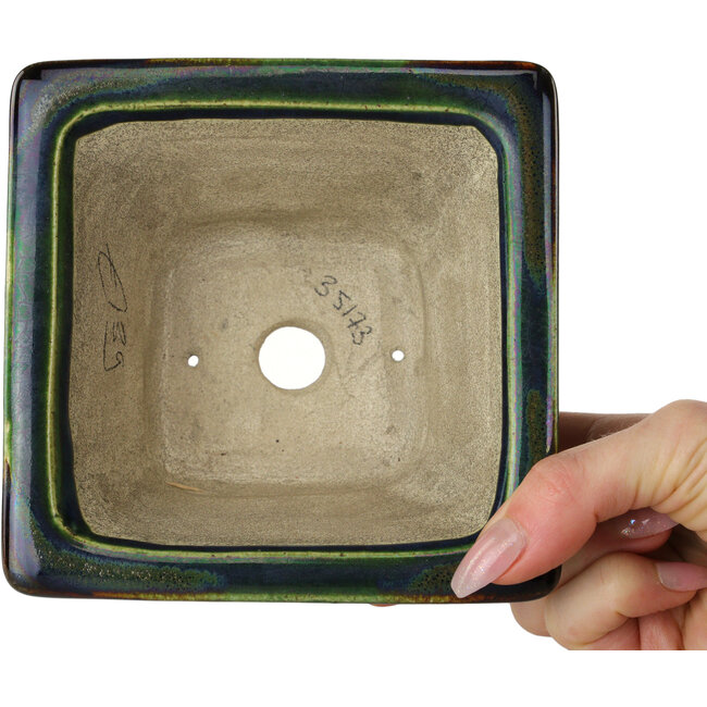 Pot à bonsaï carré vert multicolore par Terahata Satomi Mazan - 133 x 133 x 80 mm