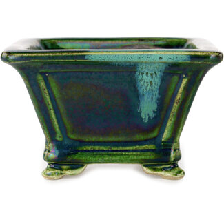  Satomi Mazan, Mazan Terahata 133 mm square green with a blue accent bonsai pot by Terahata Satomi Mazan, Tokoname, Japan