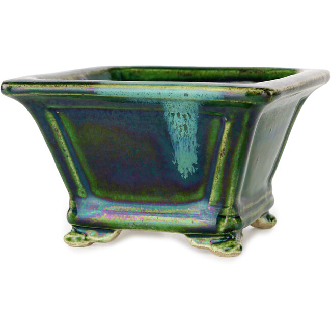 Vaso bonsai quadrato verde con accenti blu di Terahata Satomi Mazan - 133 x 133 x 80 mm