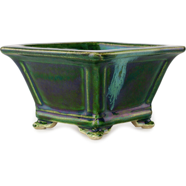 Square green with a blue accent bonsai pot by Terahata Satomi Mazan - 133 x 133 x 80 mm