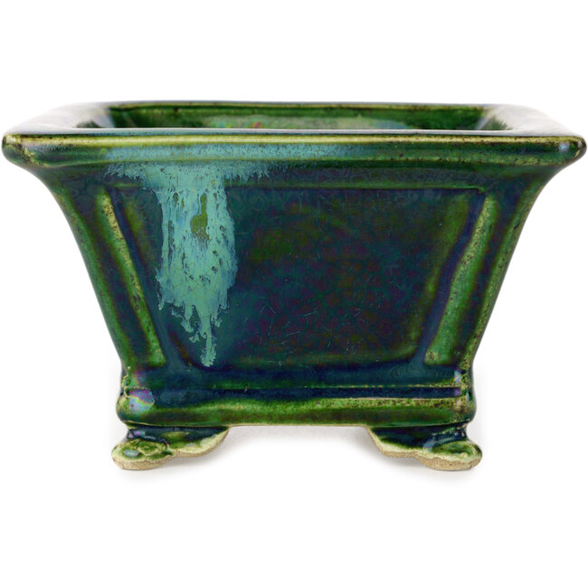 Vaso bonsai quadrato verde con accenti blu di Terahata Satomi Mazan - 133 x 133 x 80 mm