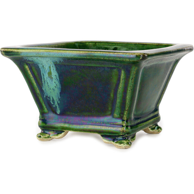 Square green with a blue accent bonsai pot by Terahata Satomi Mazan - 133 x 133 x 80 mm