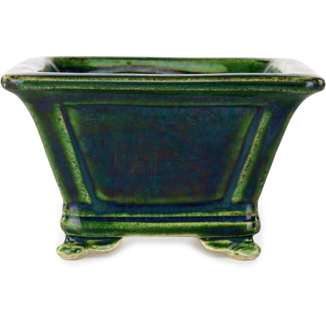 Maceta cuadrada para bonsái verde con detalles en azul de Terahata Satomi Mazan - 133 x 133 x 80 mm