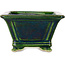 Maceta cuadrada para bonsái verde con detalles en azul de Terahata Satomi Mazan - 133 x 133 x 80 mm