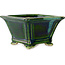 Square green with a blue accent bonsai pot by Terahata Satomi Mazan - 133 x 133 x 80 mm