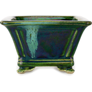  Satomi Mazan, Mazan Terahata Pot à bonsaï carré vert de 133 mm avec un accent bleu par Terahata Satomi Mazan, Tokoname, Japon
