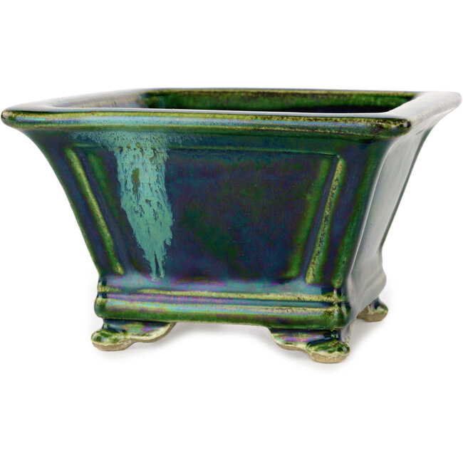 Maceta cuadrada para bonsái verde con detalles en azul de Terahata Satomi Mazan - 133 x 133 x 80 mm