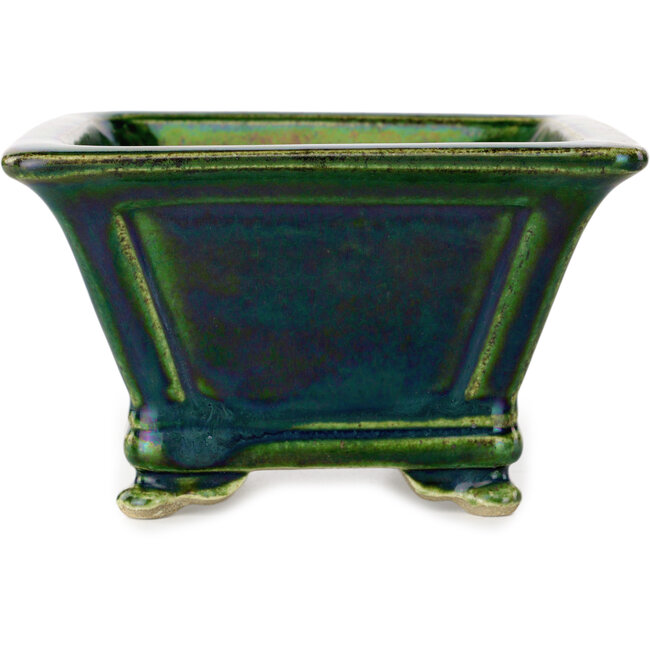 Quadratischer grüner Bonsai-Topf mit blauem Akzent von Terahata Satomi Mazan – 133 x 133 x 80 mm