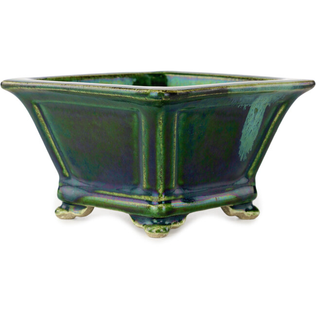 Square green with a blue accent bonsai pot by Terahata Satomi Mazan - 133 x 133 x 80 mm