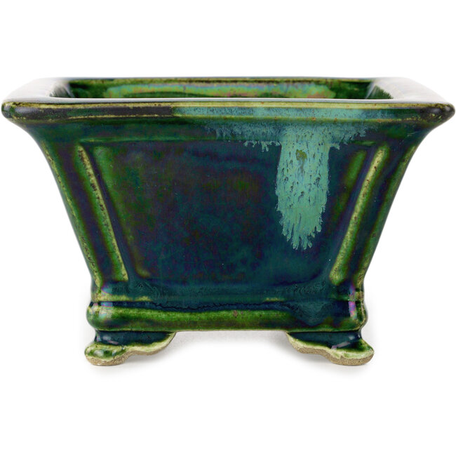 Square green with a blue accent bonsai pot by Terahata Satomi Mazan - 133 x 133 x 80 mm