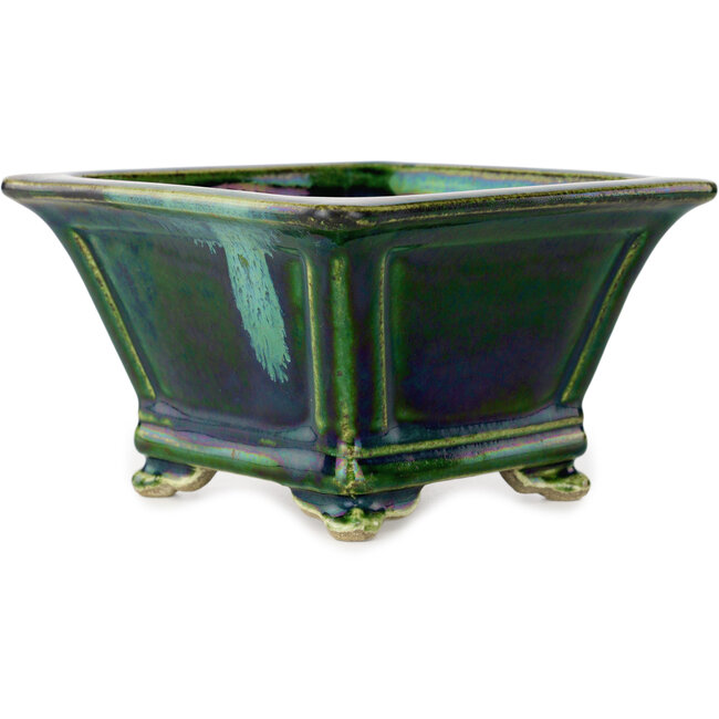 Square green with a blue accent bonsai pot by Terahata Satomi Mazan - 133 x 133 x 80 mm