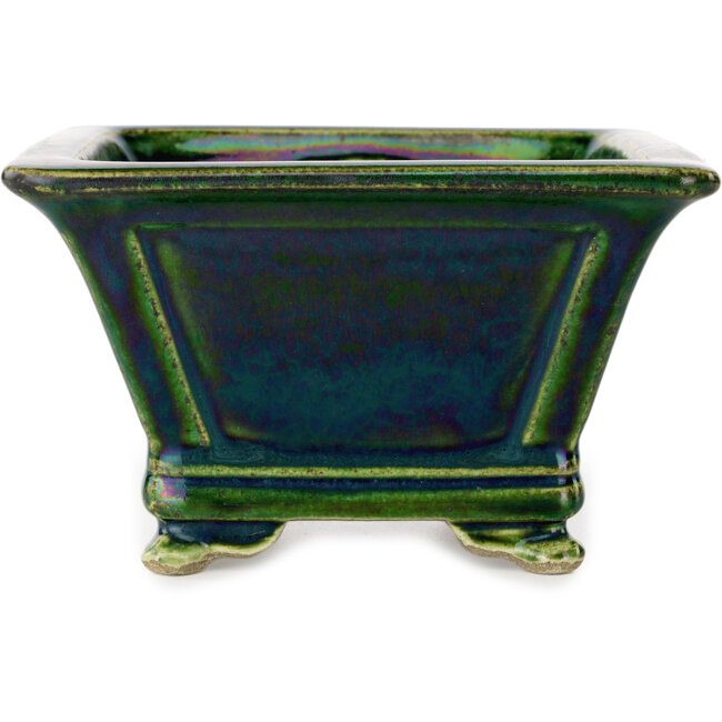 Vierkant groen met blauw accent bonsaipot van Terahata Satomi Mazan - 133 x 133 x 80 mm