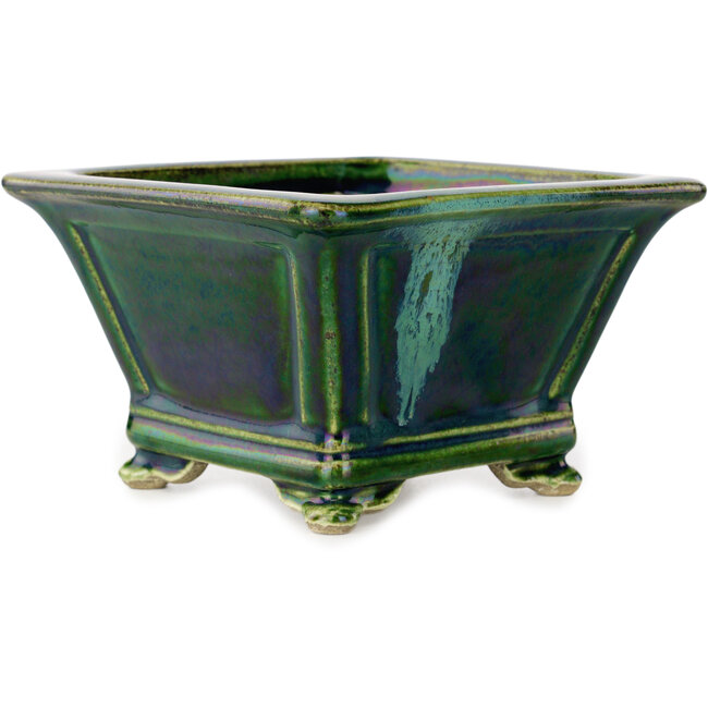 Pot à bonsaï carré vert avec accent bleu par Terahata Satomi Mazan - 133 x 133 x 80 mm