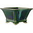 Maceta cuadrada para bonsái verde con detalles en azul de Terahata Satomi Mazan - 133 x 133 x 80 mm