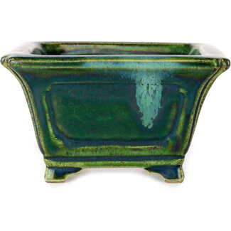  Satomi Mazan, Mazan Terahata Vaso bonsai quadrato verde con accenti blu da 126 mm di Terahata Satomi Mazan, Tokoname, Giappone
