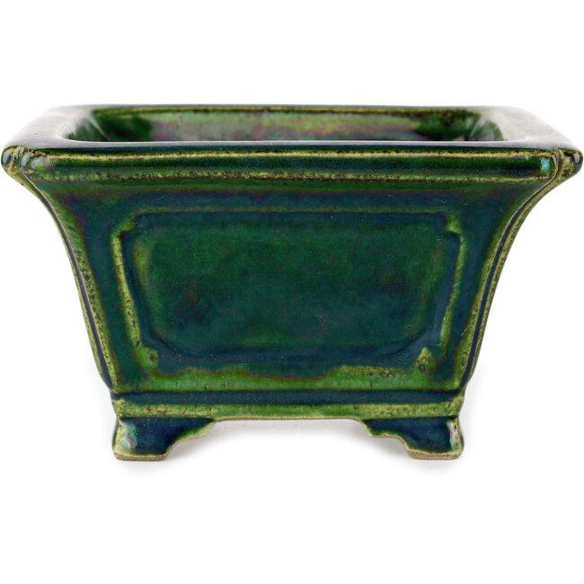 Maceta cuadrada para bonsái verde con detalles en azul de Terahata Satomi Mazan - 126 x 126 x 72 mm
