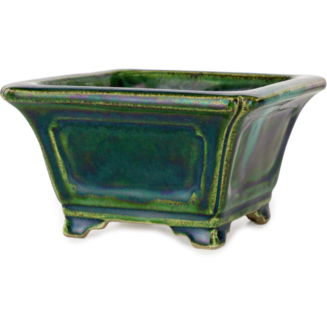 Quadratischer grüner Bonsai-Topf mit blauem Akzent von Terahata Satomi Mazan – 126 x 126 x 72 mm