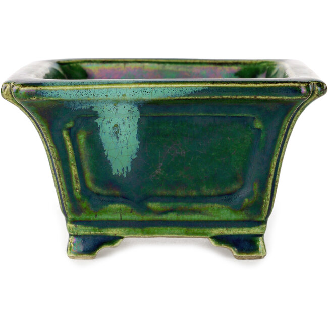 Pot à bonsaï carré vert avec accent bleu par Terahata Satomi Mazan - 126 x 126 x 72 mm