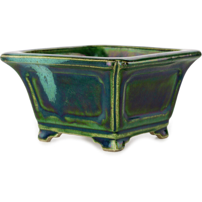 Quadratischer grüner Bonsai-Topf mit blauem Akzent von Terahata Satomi Mazan – 126 x 126 x 72 mm
