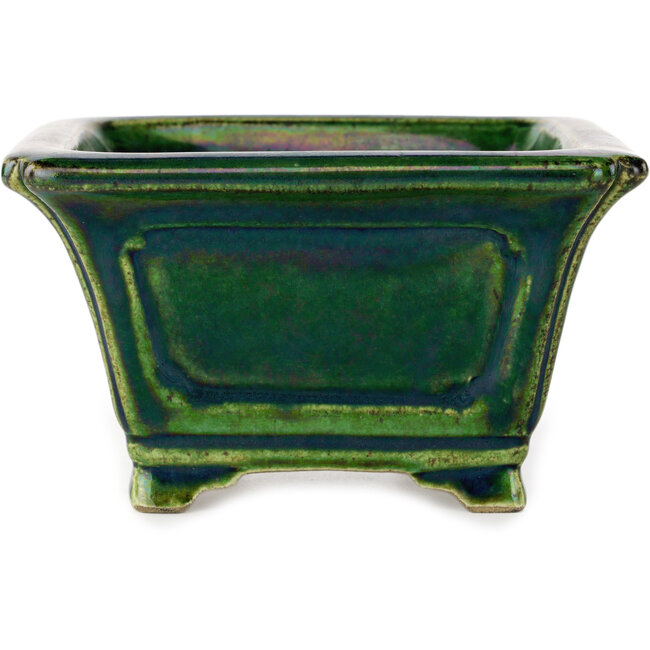 Quadratischer grüner Bonsai-Topf mit blauem Akzent von Terahata Satomi Mazan – 126 x 126 x 72 mm