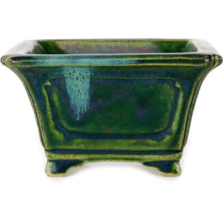  Satomi Mazan, Mazan Terahata 126 mm quadratische grüne Bonsaischale mit blauem Akzent von Terahata Satomi Mazan, Tokoname, Japan