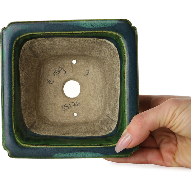 Vaso bonsai quadrato verde con accenti blu di Terahata Satomi Mazan - 126 x 126 x 72 mm