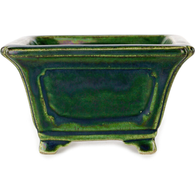 Square green with a blue accent bonsai pot by Terahata Satomi Mazan - 126 x 126 x 72 mm