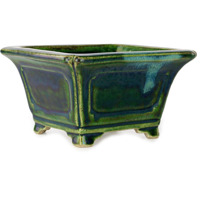 Pot à bonsaï carré vert avec accent bleu par Terahata Satomi Mazan - 126 x 126 x 72 mm