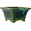 Pot à bonsaï carré vert avec accent bleu par Terahata Satomi Mazan - 126 x 126 x 72 mm