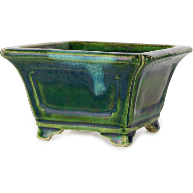 Maceta cuadrada para bonsái verde con detalles en azul de Terahata Satomi Mazan - 126 x 126 x 72 mm