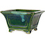 Maceta cuadrada para bonsái verde con detalles en azul de Terahata Satomi Mazan - 126 x 126 x 72 mm