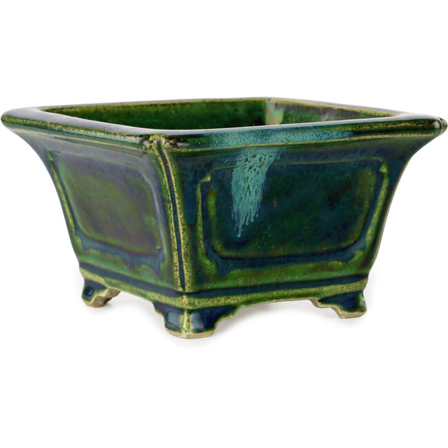 Vaso bonsai quadrato verde con accenti blu di Terahata Satomi Mazan - 126 x 126 x 72 mm