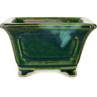  Satomi Mazan, Mazan Terahata Pot à bonsaï carré vert de 126 mm avec un accent bleu par Terahata Satomi Mazan, Tokoname, Japon