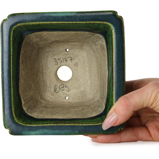 Vaso bonsai quadrato verde con accenti blu di Terahata Satomi Mazan - 126 x 126 x 72 mm