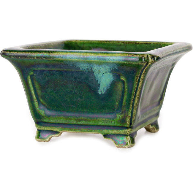 Quadratischer grüner Bonsai-Topf mit blauem Akzent von Terahata Satomi Mazan – 126 x 126 x 72 mm