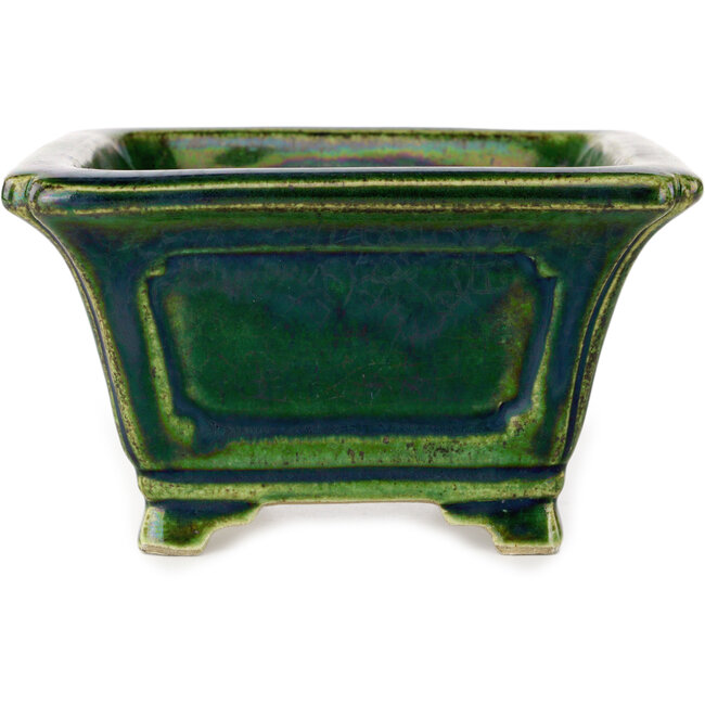 Vaso bonsai quadrato verde con accenti blu di Terahata Satomi Mazan - 126 x 126 x 72 mm