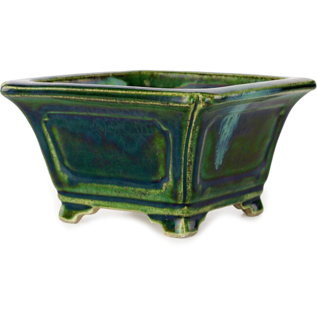 Square green with a blue accent bonsai pot by Terahata Satomi Mazan - 126 x 126 x 72 mm