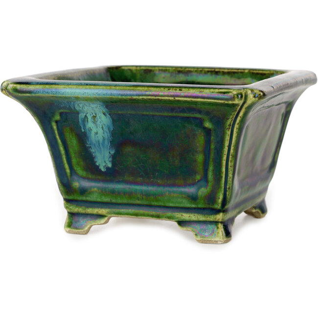 Maceta cuadrada para bonsái verde con detalles en azul de Terahata Satomi Mazan - 126 x 126 x 72 mm