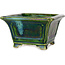 Square green with a blue accent bonsai pot by Terahata Satomi Mazan - 126 x 126 x 72 mm
