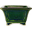 Maceta cuadrada para bonsái verde con detalles en azul de Terahata Satomi Mazan - 126 x 126 x 72 mm
