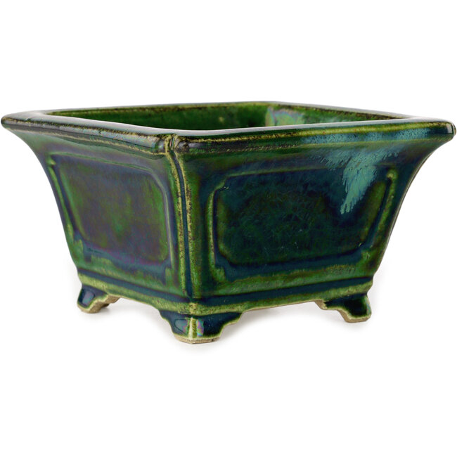 Quadratischer grüner Bonsai-Topf mit blauem Akzent von Terahata Satomi Mazan – 126 x 126 x 72 mm